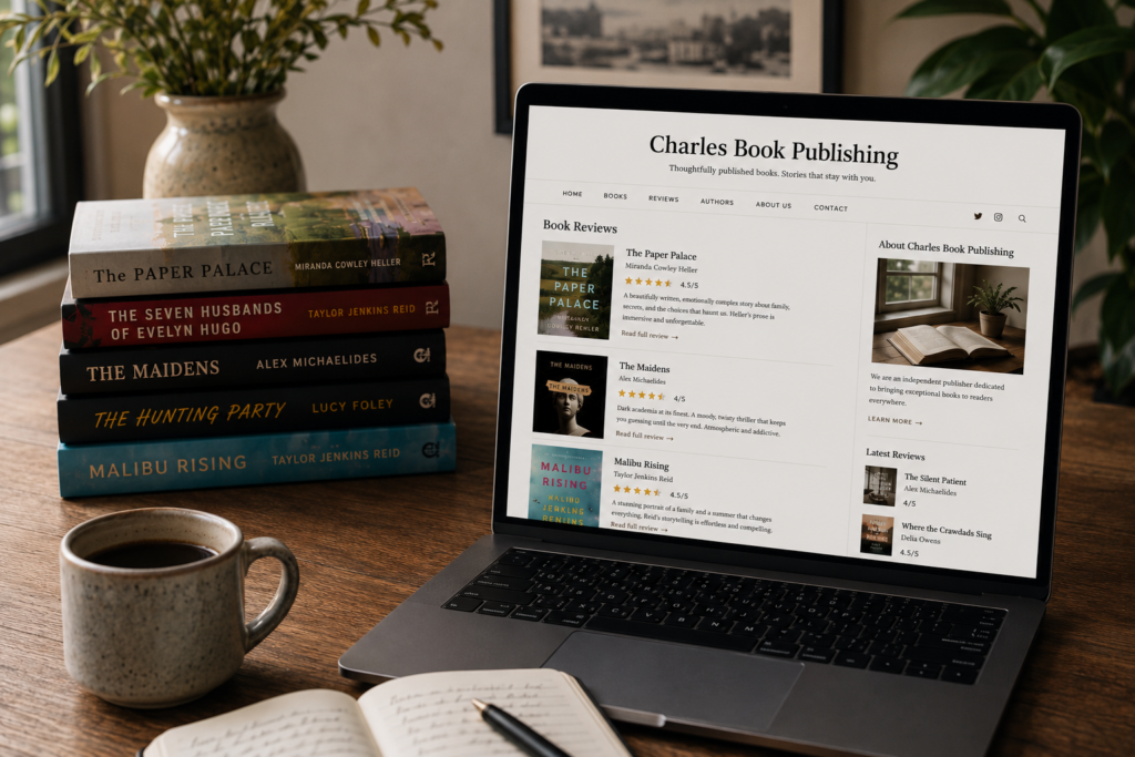 Minimalist publishing workspace with a laptop displaying book reviews, stacked novels, coffee mug, and warm natural lighting in a classic editorial-style setting.